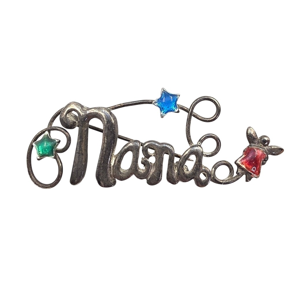 Vintage Nana Script Brooch Silver Tone Enamel Stars Angel Pin Sentimental Gift